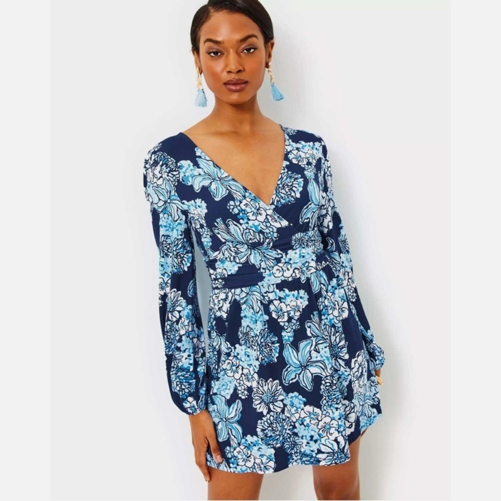 Lilly Pulitzer Riza Long Sleeve Romper Low Tide Navy Bouquet All Day Blue Large